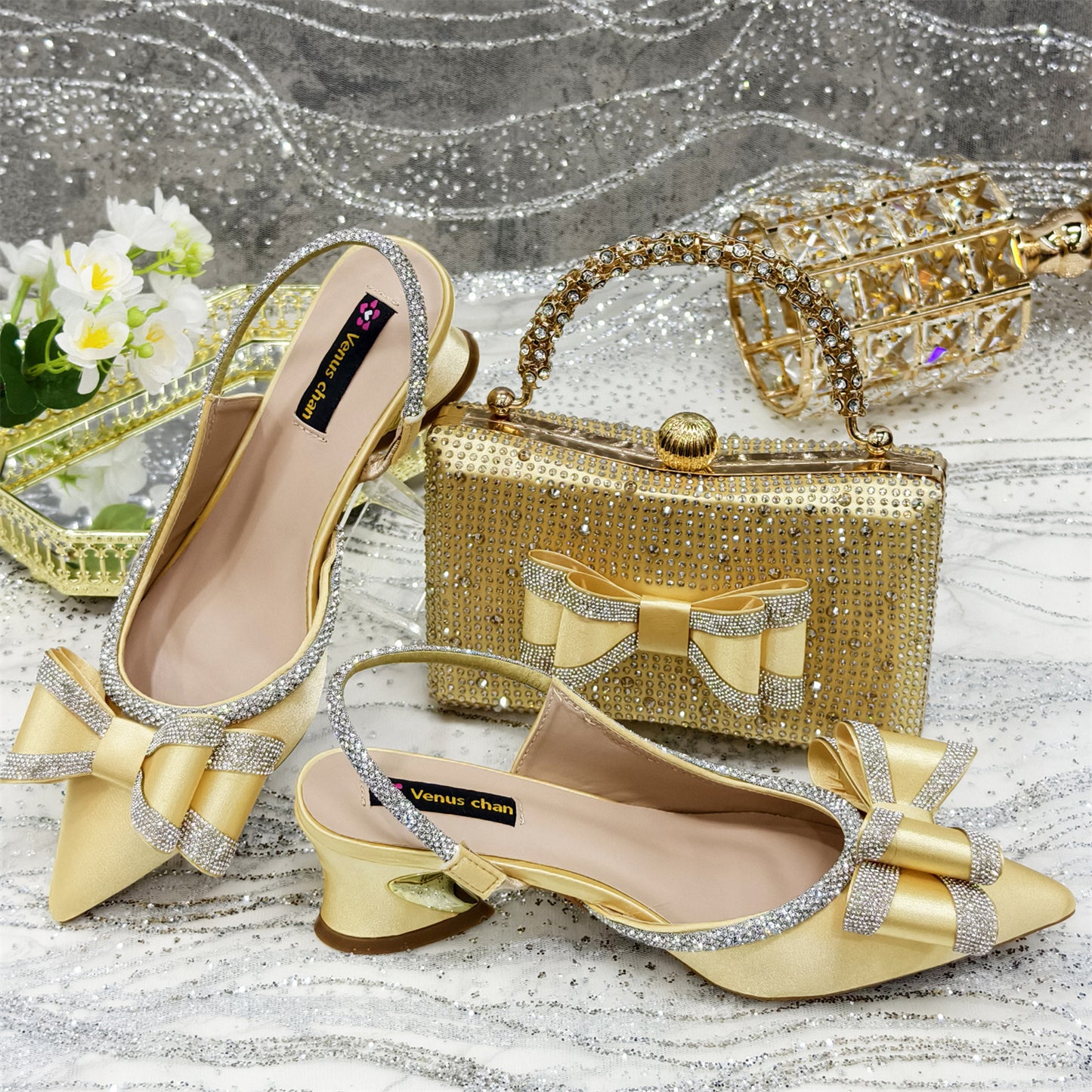Women's Pointed Sandals Rhinestone Matching Square Rhinestone Bag
