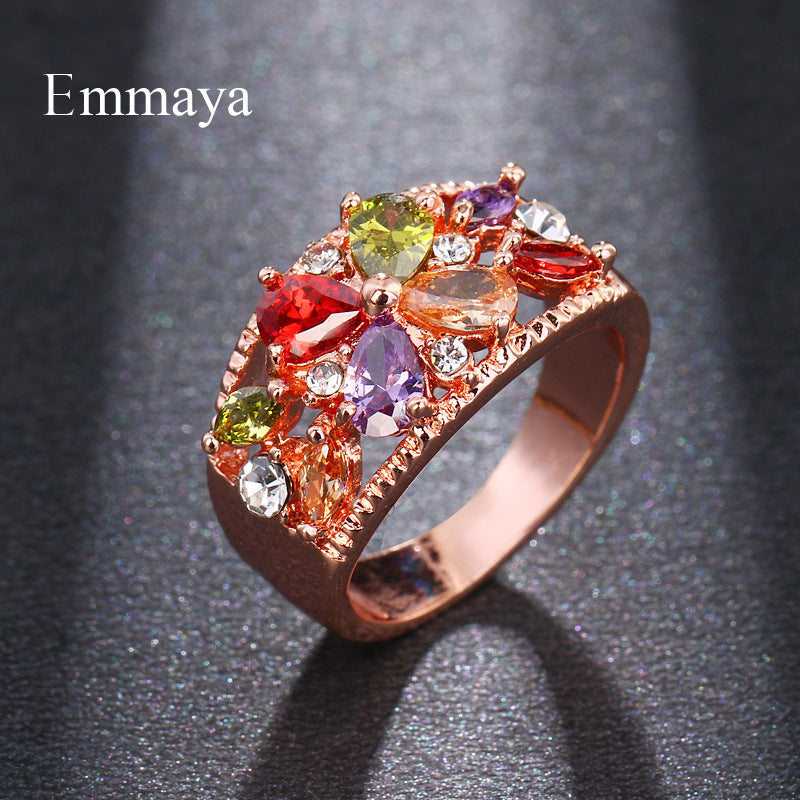 European And American Luxury Stylish Water Drop Color Zircon Ring