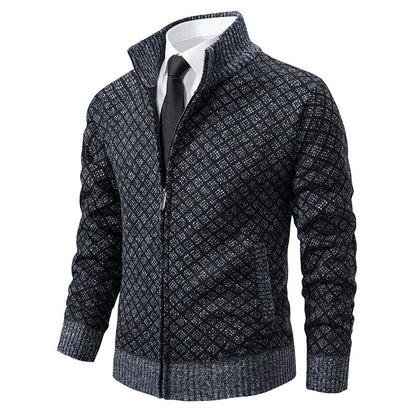 Thickened Plaid Print Jacket Cardigan Fashion Slim Fit Zipper Stand Collar Sweater Winter Men's Casual Long Sleeve Knitted Top Clothing