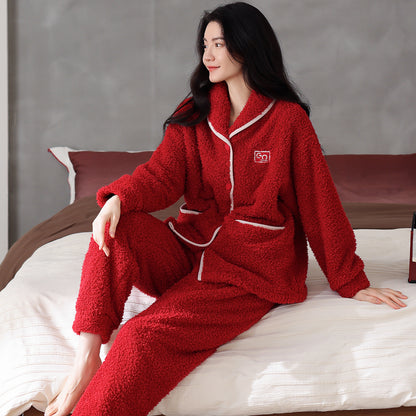Flannel Thick Warm Long Sleeves Coral Fleece Couple Pajamas Suit