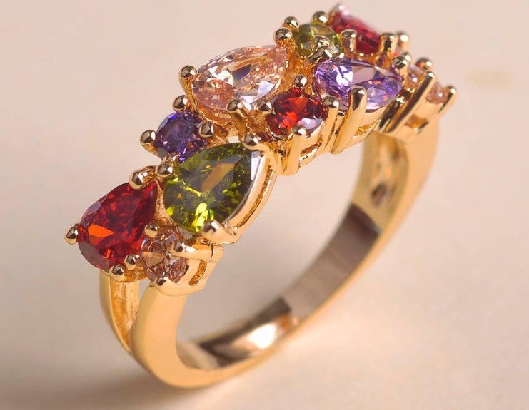 European And American Luxury Stylish Water Drop Color Zircon Ring