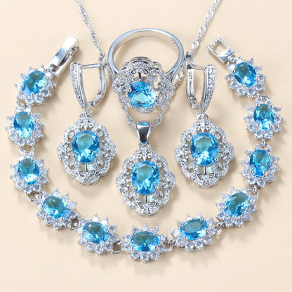 Garnet Cubic Zirconia Earrings Pendant Necklace Bracelet Ring Gift 4 PCs Set