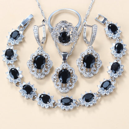 Garnet Cubic Zirconia Earrings Pendant Necklace Bracelet Ring Gift 4 PCs Set