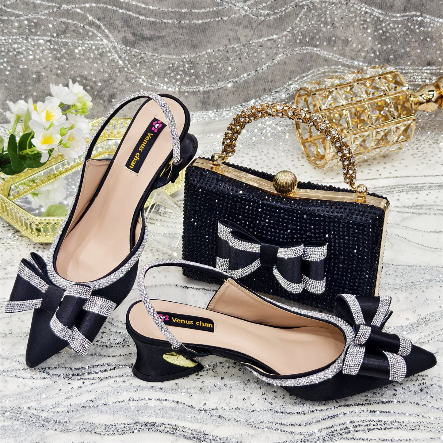 Women's Pointed Sandals Rhinestone Matching Square Rhinestone Bag