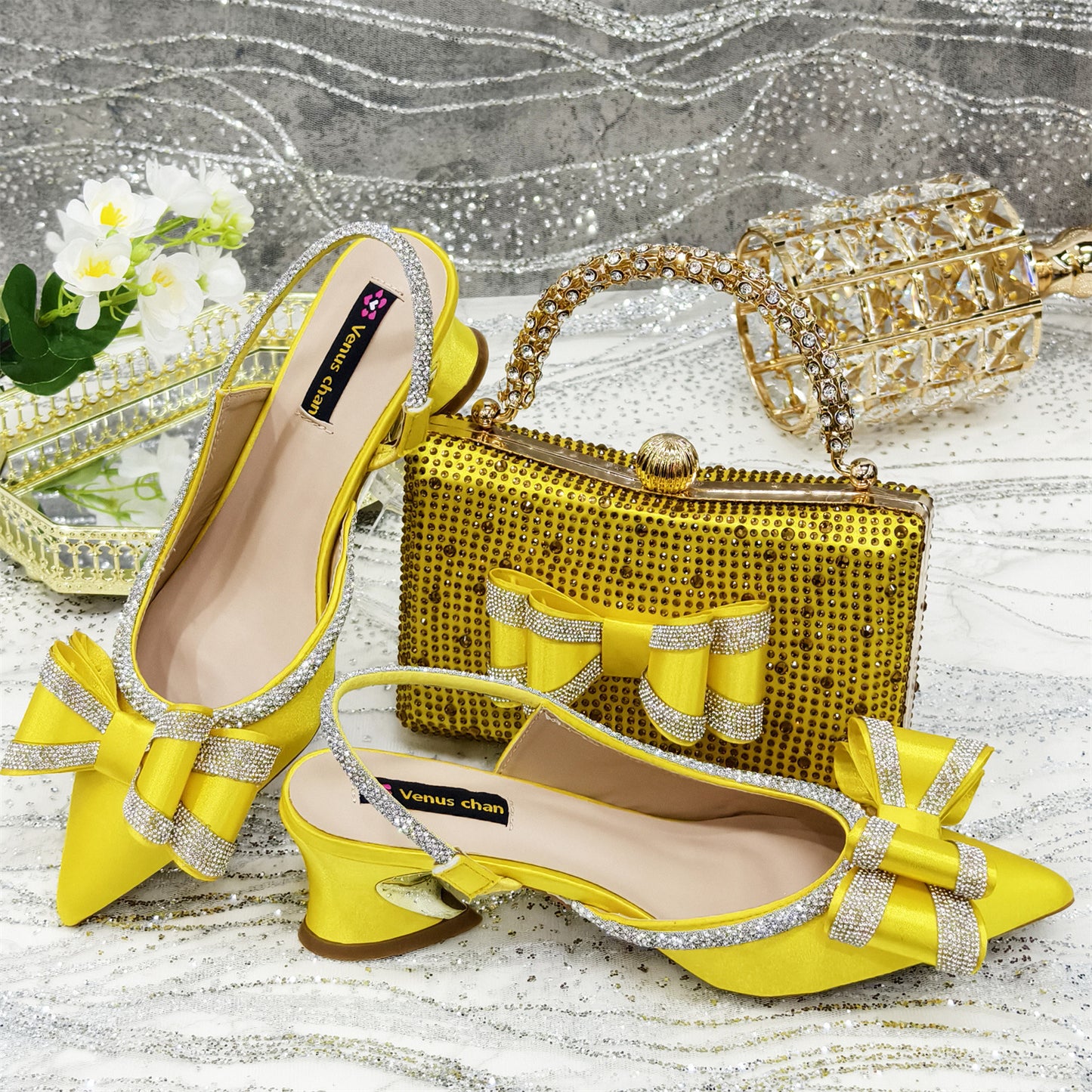 Women's Pointed Sandals Rhinestone Matching Square Rhinestone Bag