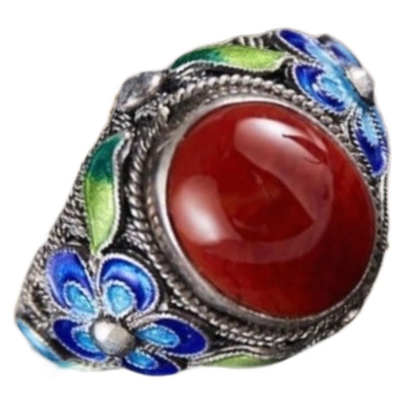 Agate Burnt Blue Pattern Cloisonne Ring For Women