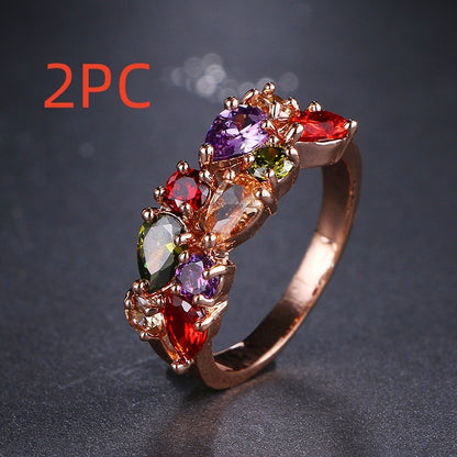 European And American Luxury Stylish Water Drop Color Zircon Ring