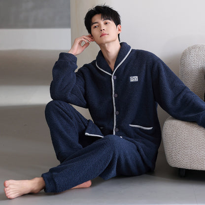 Flannel Thick Warm Long Sleeves Coral Fleece Couple Pajamas Suit