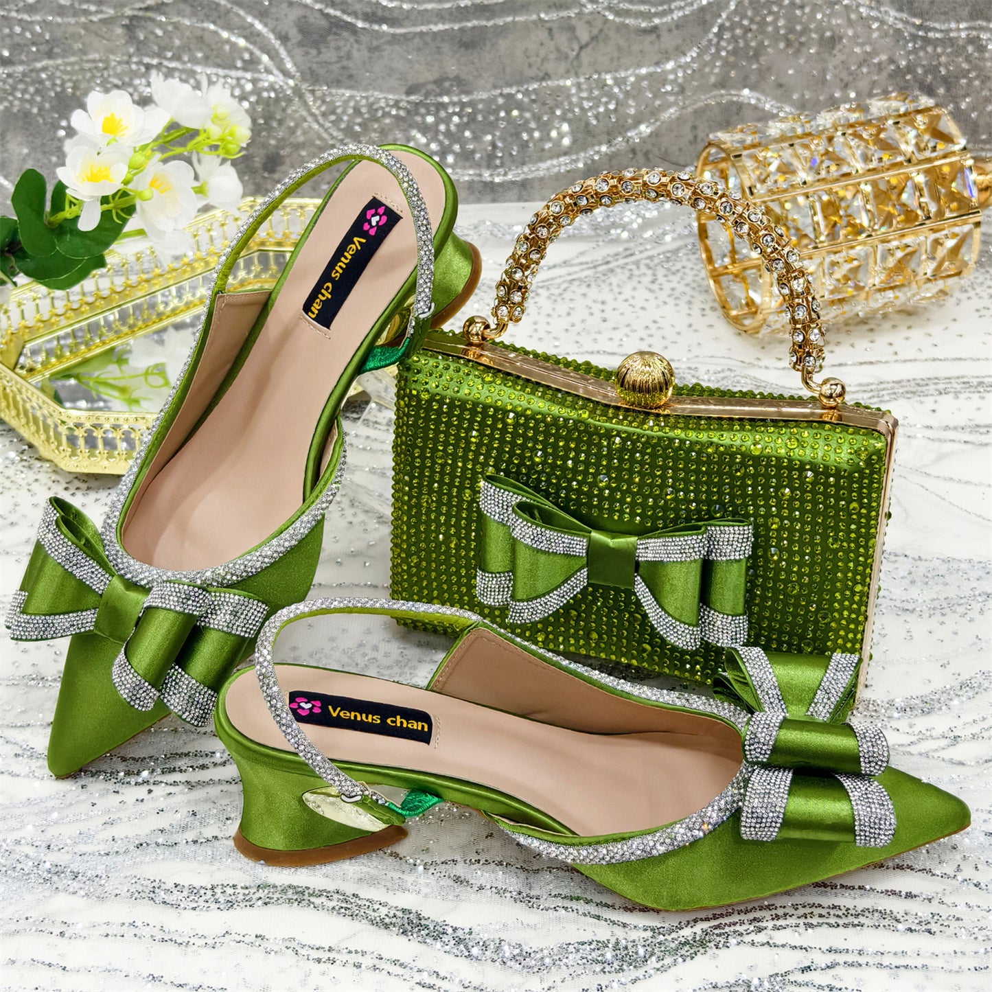 Women's Pointed Sandals Rhinestone Matching Square Rhinestone Bag