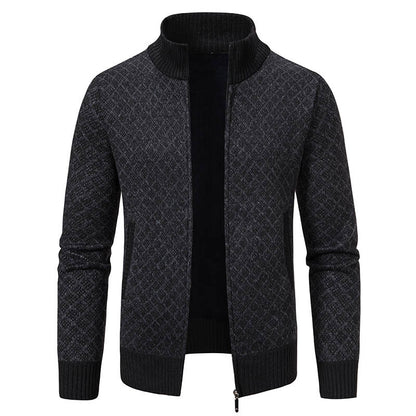 Thickened Plaid Print Jacket Cardigan Fashion Slim Fit Zipper Stand Collar Sweater Winter Men's Casual Long Sleeve Knitted Top Clothing