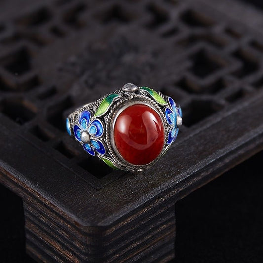 Agate Burnt Blue Pattern Cloisonne Ring For Women