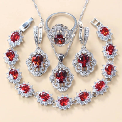 Garnet Cubic Zirconia Earrings Pendant Necklace Bracelet Ring Gift 4 PCs Set