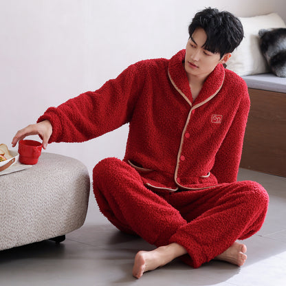 Flannel Thick Warm Long Sleeves Coral Fleece Couple Pajamas Suit