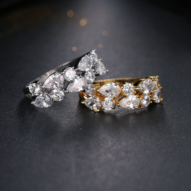 European And American Luxury Stylish Water Drop Color Zircon Ring