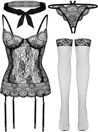 Sexy Lingerie Extreme Cosplay 4 Piece Lace Babydoll Sheer Lingerie Cosplay Etching Erotic Lingerie Fancy Dress Costume Thong Thong Stockings Black Lace Eye Mask Etching